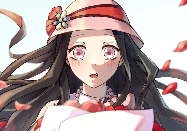 Nezuko con un lindo sombrero recibe un ramo de flores