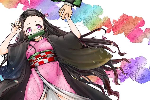 Nezuko sostiene la mano de Tanjiro con un fondo de flores de colores