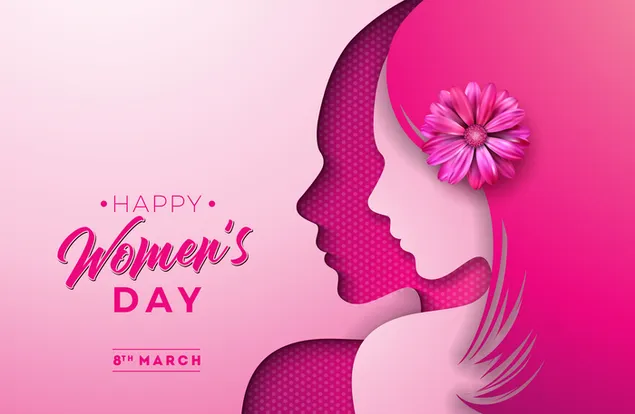Ngày phụ nữ hạnh phúc chữ bên cạnh người phụ nữ vẽ tóc màu hồng và hoa trên tóc, nền màu hồng tải xuống