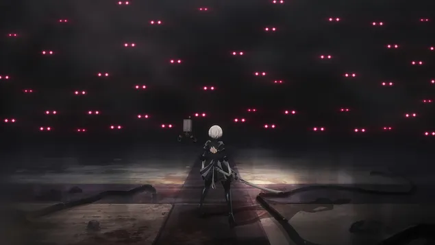 NieR:Automata Ver1.1a anime - Yorha št. 2 tipa B se borita proti sovražnikom 4K ozadje