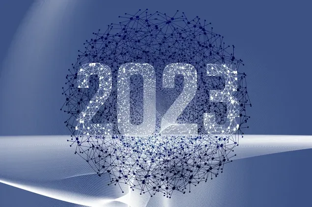 Nieuwjaarsontwerp 2023 in de ruimte op lichtblauwe achtergrond download