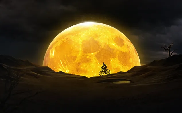Night bike ride with full moon view 2K wallpaper