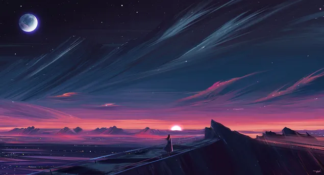 Nacht volle maan en sterrenhemel anime landschap 4K achtergrond
