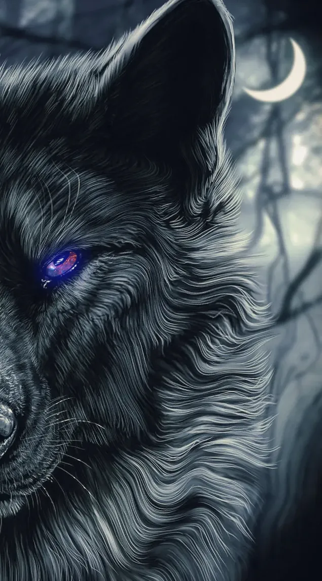 Pemandangan malam setengah bulan dari serigala bermata ungu dalam gambar hitam putih unduhan
