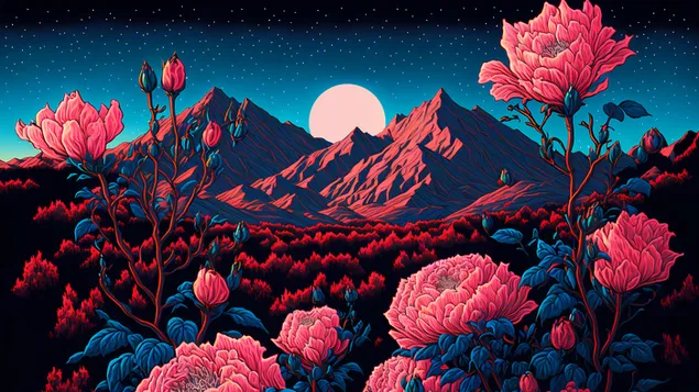 Paesaggio notturno di montagne e fiori con la luna piena (generato da Ai) 4K sfondo