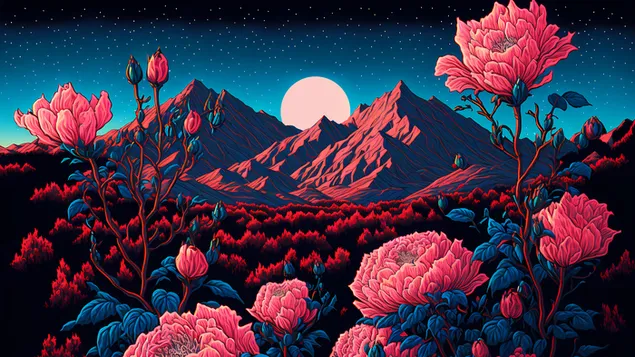 Paisaje nocturno de montaña y flores en luna llena (Generado por Ai)