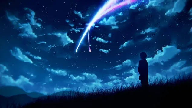 Night of falling comet in front of Mitsuha