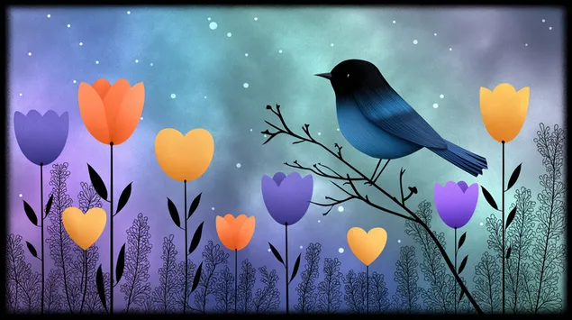 Nuetsserenade: Vugel tëscht glühende Gaartbléien 2K Tapeten