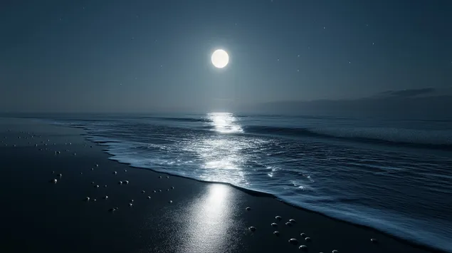 Noćno nebo i okean s odrazom mjeseca 2K pozadina