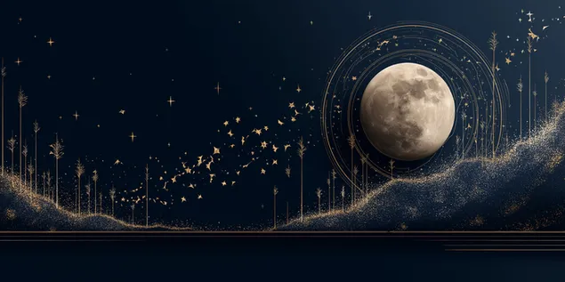 nachthimmel, vollmond, kosmische landschaft, stilisierte linienzeichnung herunterladen