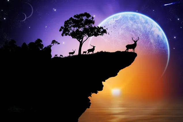 Night view of full moon and stars and silhouette of mountains with deer
