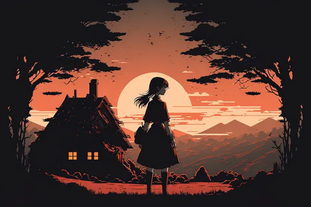 Rumah kayu malam dengan pemandangan bulan purnama dan siluet gadis anime