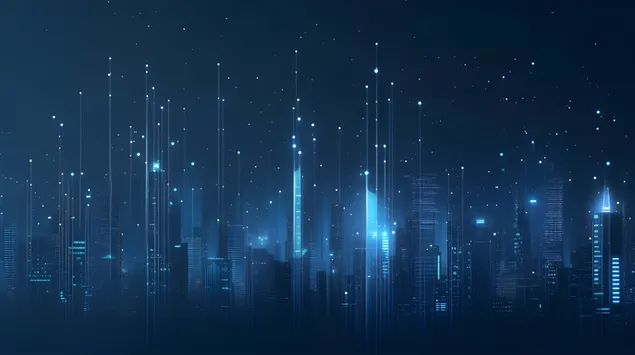 נוף לילה של עיר מונעת על ידי טכנולוגיה בגוונים כחולים 8K טפט