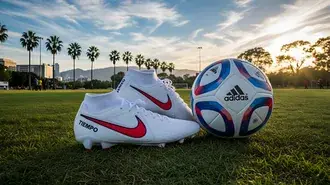 korki pilkarskie nike tiempo i pilka adidas na bujnym zielonym boisku o zachodzie slonca z palmami - sportowy styl zycia pobierz