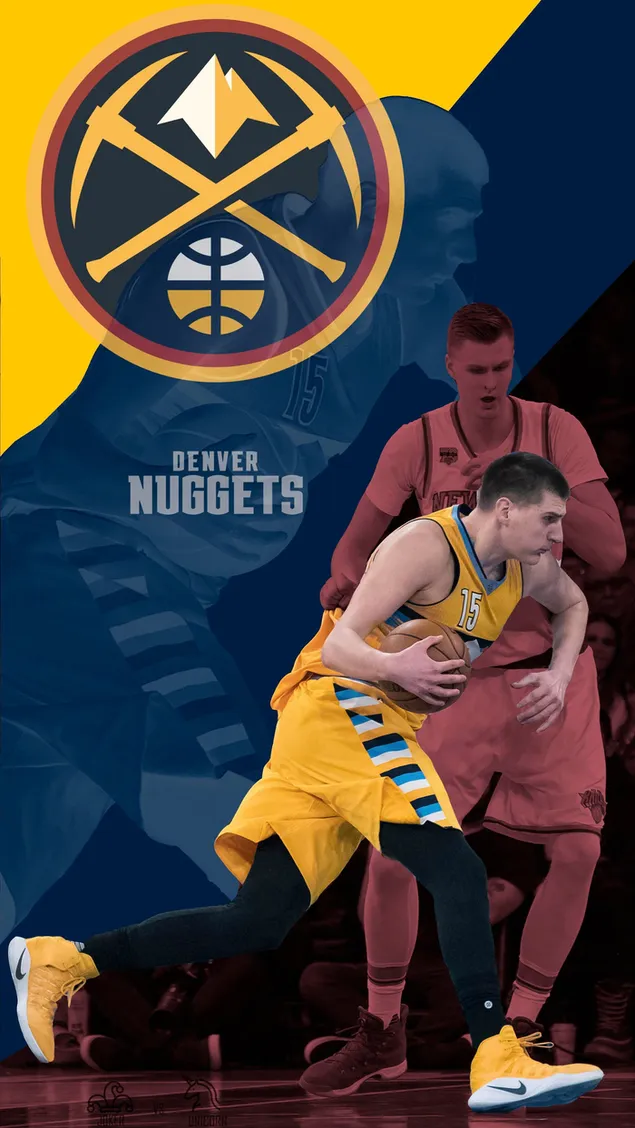 Nikola Jokić und Denver Nuggets Logo beim Passieren des gegnerischen roten, gelben, blauen, schwarzen Hintergrunds. herunterladen