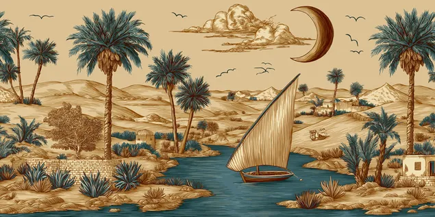 grabado de una escena del valle del nilo con barco y palmeras descargar