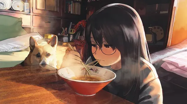 niña comiendo ramen con perro