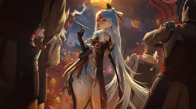 Hình nền Cô gái anime xinh đẹp Ningguang với mái tóc dài màu trắng 4K