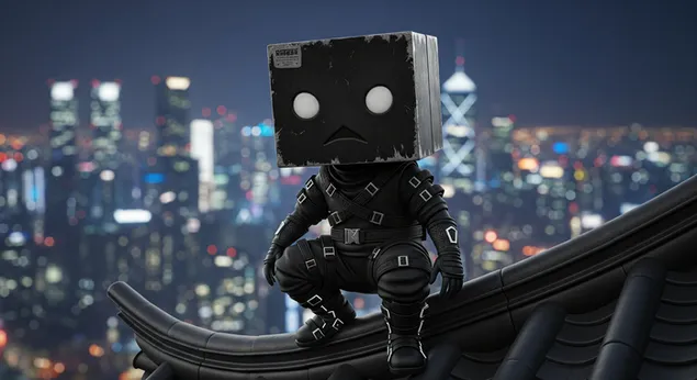 Ninja Box-Headed Figure Overlooking Night City for Desktop background 4K wallpaper