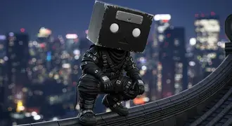 Tapeta Ninja postava s krychlovou hlavou na střeše se světly města pro pozadí plochy 4K