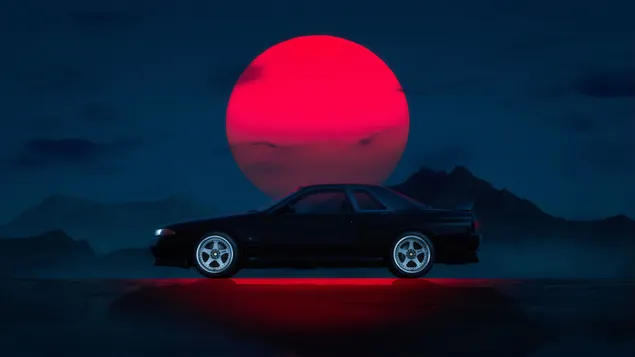 Muat turun Nissan dengan pemandangan bulan purnama merah dan latar langit gunung