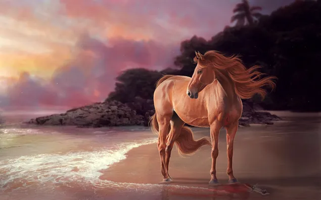 Edel dierlijk paard dat bij bomen op het strand staat onder kleurrijke wolken 2K achtergrond