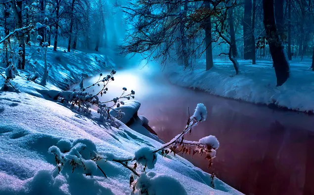 Noche de niebla en el río de invierno