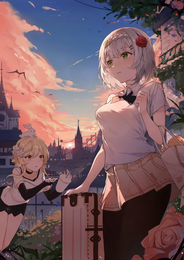 Páipéar balla Noelle & Lumine ag dul áit éigin le chéile | Tionchar Genshin4K