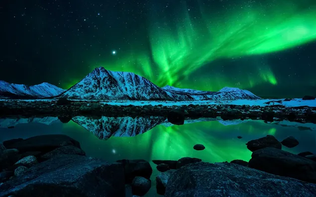 Vista de la aurora boreal al lago HD fondo de pantalla