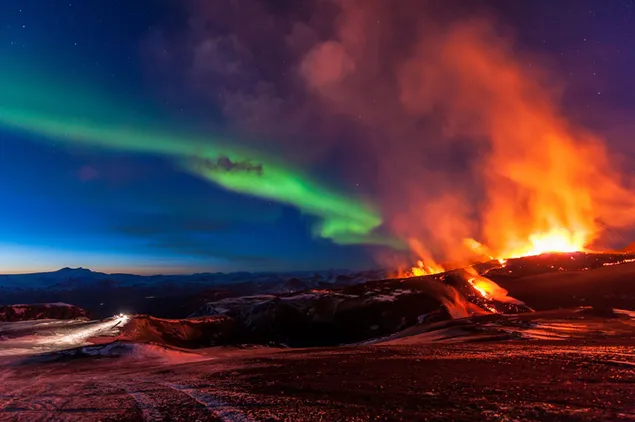 Northern lights with fire and lava rising from the volcano