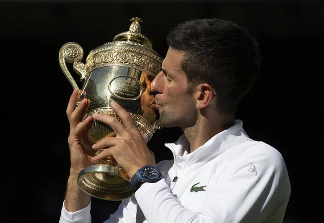 Novak Djokovic besando el trofeo 4K fondo de pantalla