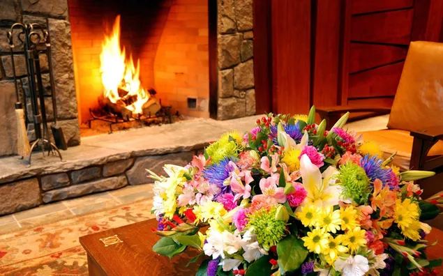 暖炉とリビングルームの花 ダウンロード