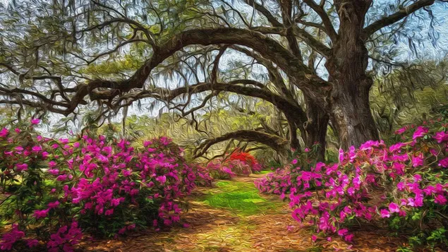 Eikebome en blomme - olie op doek HD muurpapier