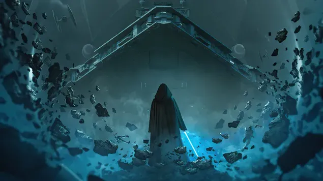 Obi-Wan Kenobi TV seriāla karavīrs ar zilu gaismas zobenu kaujas laukā 4K fona tapete