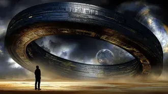Beobachter vor einem kolossalen außerirdischen Ringtor und einem fernen Planeten 2K Hintergrundbild