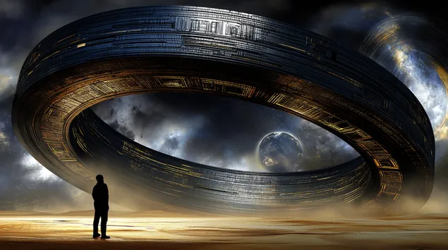 巨大外星环门和遥远行星前的观察者 2K 壁纸