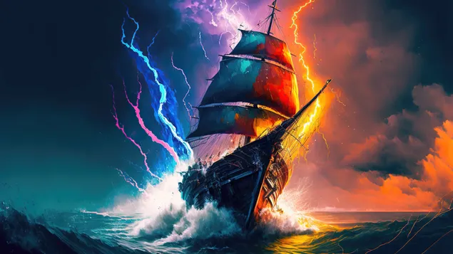 Ocean Ship storm en kleurrijke bliksemschichten download