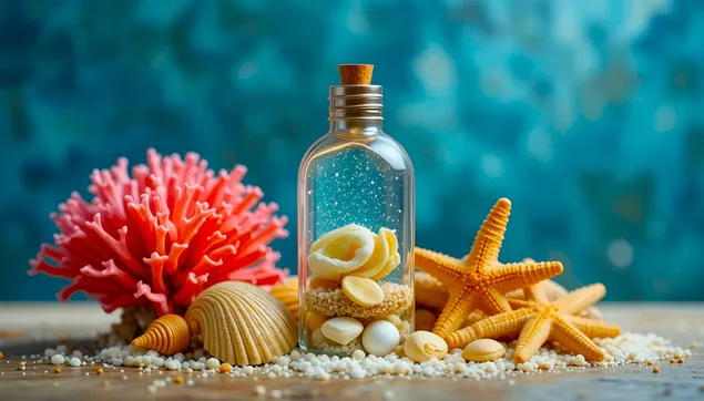 Decoración oceánica: arreglo de conchas, estrellas de mar y corales 2K fondo de pantalla