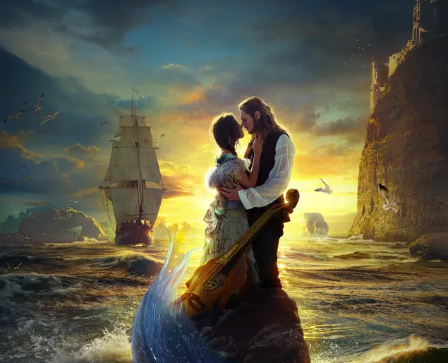 Imatge de pintura a l'oli de la pel·lícula de la filla del rei amb mar i vaixells 4K fons de pantalla