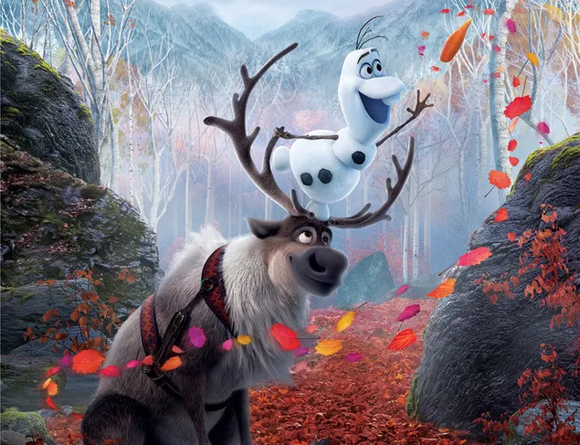 Olaf et Sven jouent avec les feuilles d'automne dans la forêt enchantée 2K fond d'écran