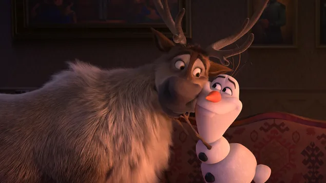 Olaf hugs Sven 4K wallpaper