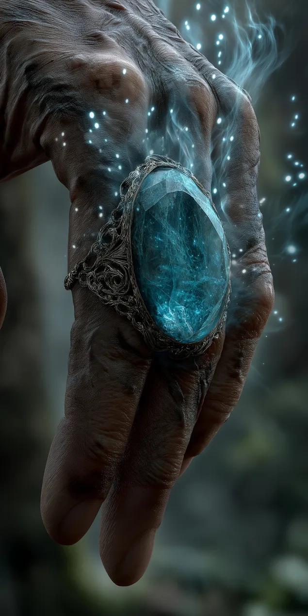 Al Hand déi e verzierten Ring mat engem glühende türkis facettéierte Bijou hält HD Tapeten