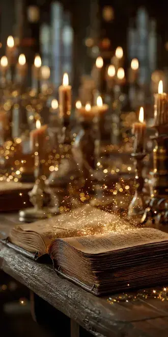 staraya kniga zaklinaniy so stranitsami, ispuskayushchimi magicheskie iskry na stole skachat'