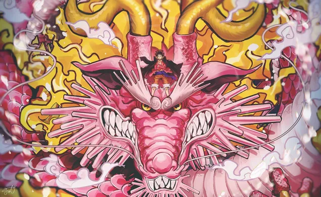 One Piece: Kozuki Momonosuke Dragon Form & Straw Hat Ruffy 2K Hintergrundbild
