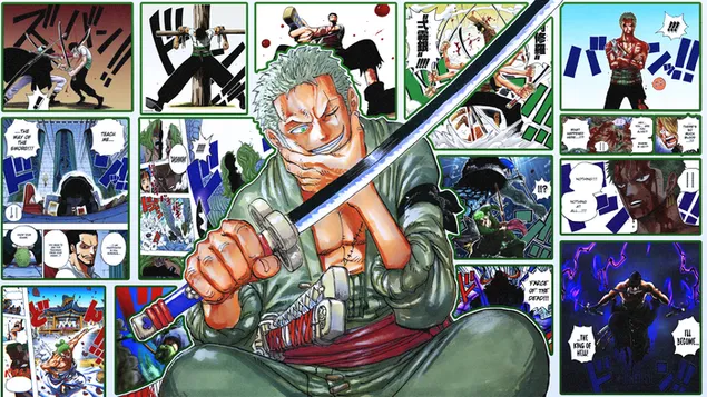 Nhân vật anime tóc xanh lá cây trong truyện tranh One Piece với thanh kiếm
