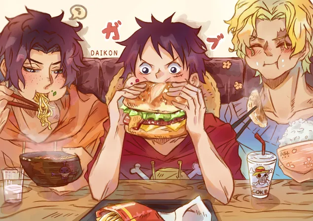One Piece Sabo, Luffy and Ace mukbang 2K wallpaper