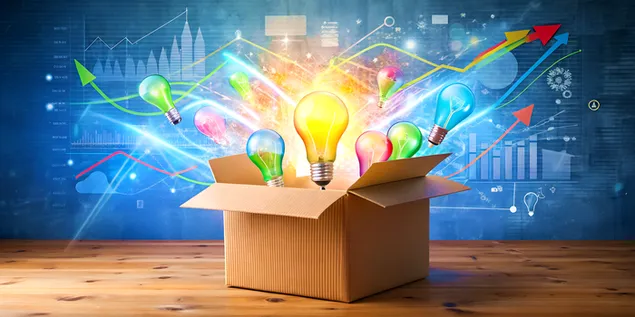 Atidarykite langelį su spalvingomis grafikų, diagramų ir išskrendančių lempučių idėjomis 4K ekrano užsklanda