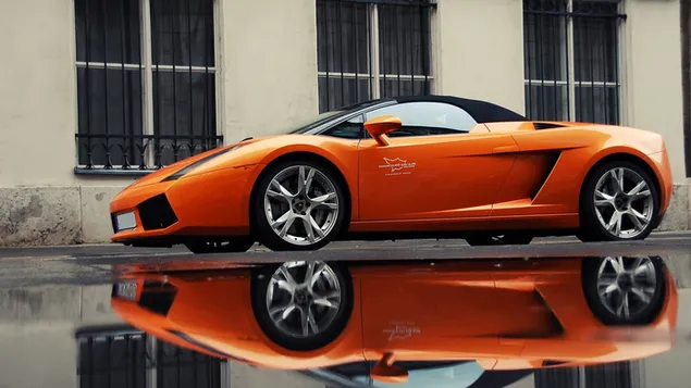 Orange Lamborghini reflection in water