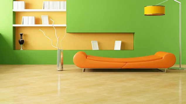 Sala minimalista de sofá de cuero naranja con paredes pintadas de verde 4K fondo de pantalla