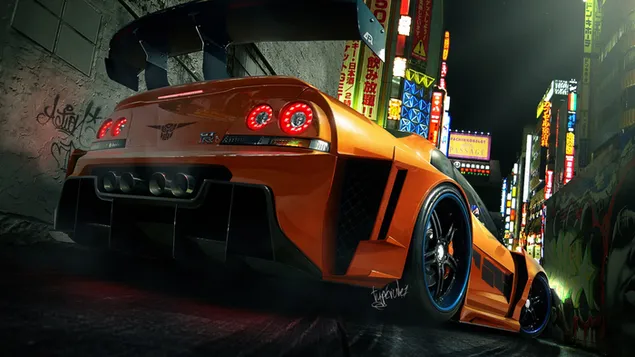 Nissan skyline gt-r r35 naranja en la noche 4K fondo de pantalla